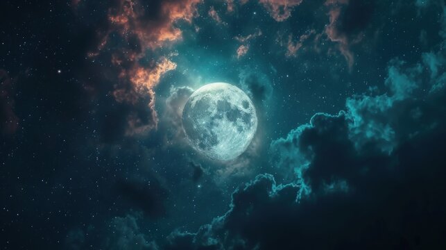  an image of a full moon in the night sky with clouds and stars in the foreground and a full moon in the sky with clouds and stars in the background.