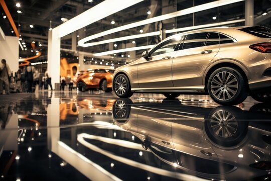 Luxury SUV new cars parked for sale and rent in modern showroom. Generate AI image © Leafart