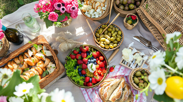 Delicious picnic spread with fresh food . Ai Generative