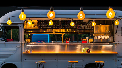 detail of closed red food truck with light bulb background, no people . Ai Generative