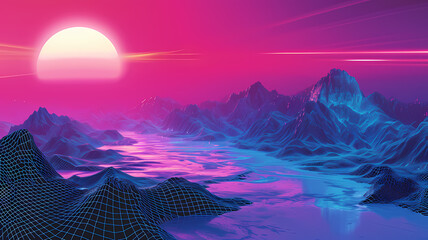 Abstract vaporwave landscape background with futuristic digital art elements