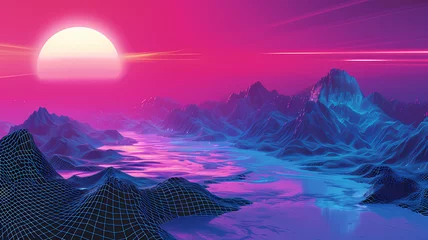 Door stickers Pink Abstract vaporwave landscape background with futuristic digital art elements