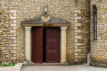 Wooden door. Background with selective focus and copy space
