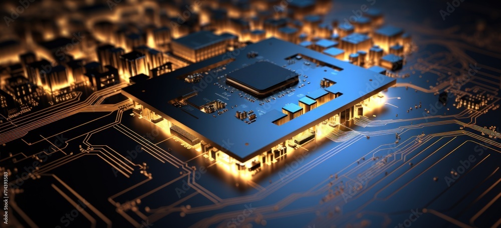 Wall mural shiny circuit board with style of luminous 3d objects, dark gold and light azure. generate ai image