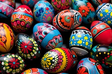 A collection of richly colored Easter eggs against a dark background