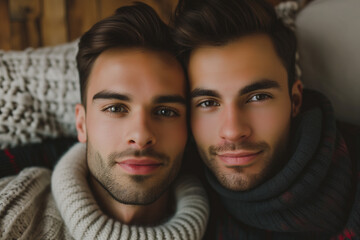 Fototapeta premium handsome gay model couple, perfect skin, hygge concept background