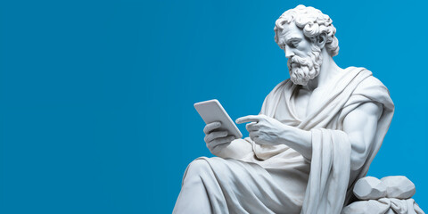a statue of an ancient Greek philosopher with a telephone in his hand