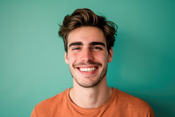 A young man with a beard is smiling in front of a blue wall