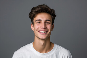 A young man in a white shirt smiles for the camera