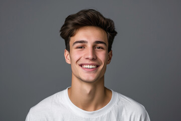 Fototapeta premium A young man in a white shirt smiles for the camera