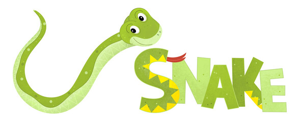 cartoon scene with snake on white background with sign name of animal illustration for children