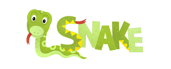 cartoon scene with snake on white background with sign name of animal illustration for children