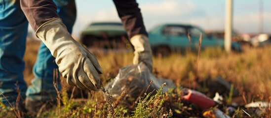 Person in gloves picking up vehicle cover at coastal wetland landfill. Photo with text space.
