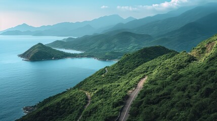 a scenic view of a body of water surrounded by lush green hills and a lush green forest on the other side of the water is a mountain range with a body of water in the foreground.