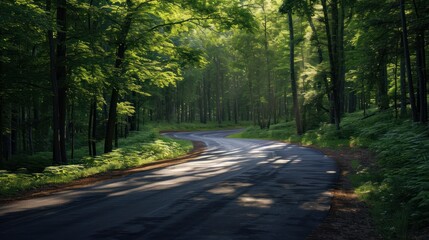  a road in the middle of a forest with lots of trees on both sides of it and the sun shining through the trees on the other side of the road.