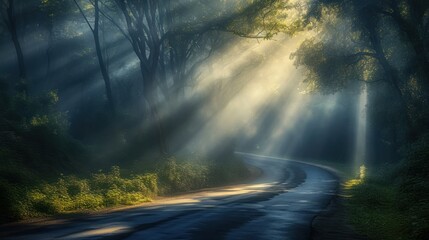  a road in the middle of a forest with sunbeams shining through the trees on either side of the road is a winding road with trees on both sides.