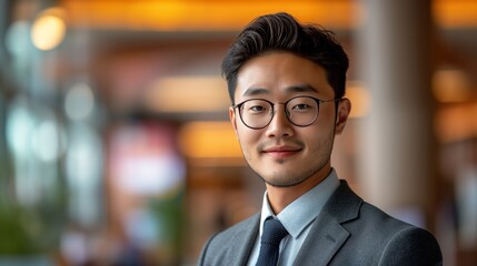 Obraz premium Young Asian businessman in formal wear portrait of confident businessman in office professional business attire, emphasizing confidence and success