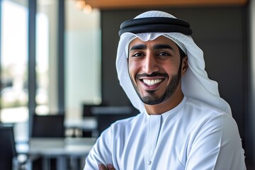 smiling emirati arab at office wearing kandura - obrazy, fototapety, plakaty