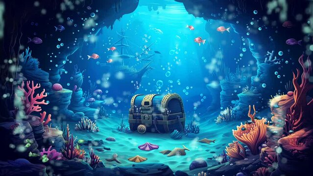 treasure box with coral reef in the sea on anime or cartoon style. 4k loop animation