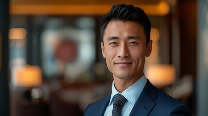 Young Asian businessman in formal wear portrait of confident businessman in office professional business attire, emphasizing confidence and success