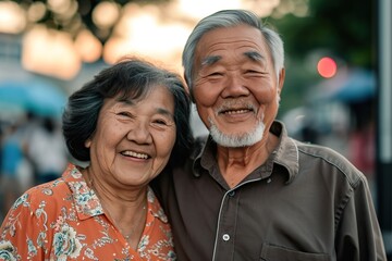 Asian senior couple smiling at the camera