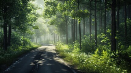 Fototapeta premium a road in the middle of a forest with lots of trees on both sides of the road and the sun shining through the trees on the other side of the road.