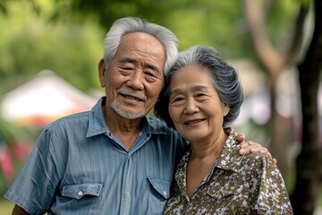 Asian senior couple smiling at the camera