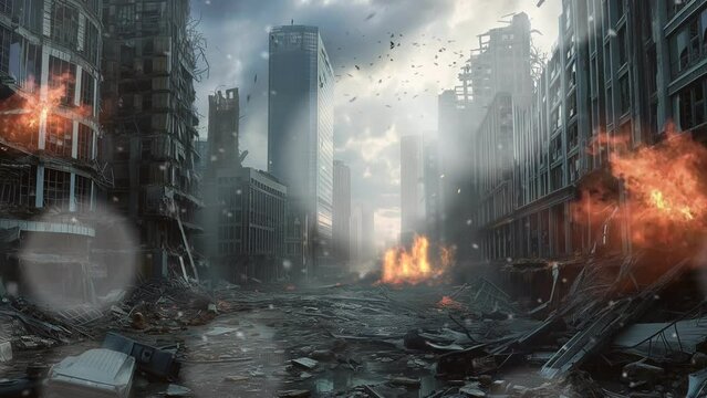 Broken city. the atmosphere of a dead city after a disaster and war 4k loop animation background