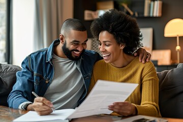 Man and woman couple smiling confident reading document at home - obrazy, fototapety, plakaty
