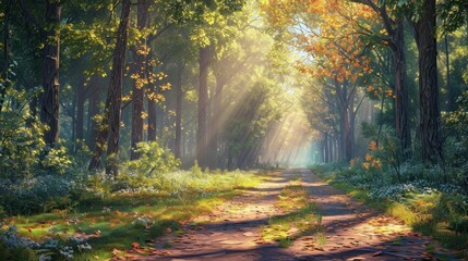  a painting of a dirt road in the middle of a forest with sunlight streaming through the trees on either side of the road is a dirt path with grass and flowers on both sides.