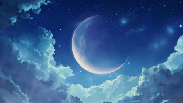 Beautiful crescent moon with shooting stars on anime style. Can use for Ramadan, eid al fitr, eid adha animation loop background and many more
