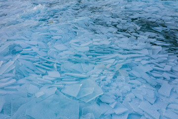Aerial view about piled up ice floes on lake Balaton at Fonyódliget, Hungary. Abstract ice formation background.