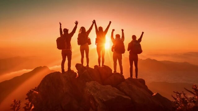 Silhouette of a group of climbers celebrating their accomplishment on the top of the mountain with a rising sun and sunlight Generative AI