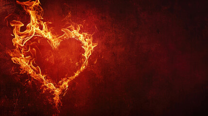 Valentines heart shaped flames burning with fiery passion on a dark textured rock wall with copy space