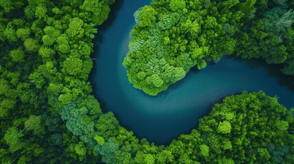  an aerial view of a river in the middle of a forest with lots of trees on either side of the river and a boat in the middle of the river.