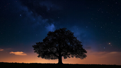 Fototapeta na wymiar A Tree’s Silhouette Against the Starry Night Sky