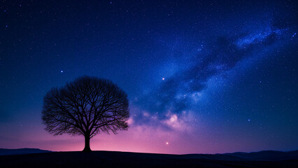 Fototapeta na wymiar A Tree’s Silhouette Against the Starry Night Sky