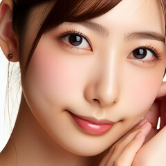 Fototapeta na wymiar japanese woman touch face with smooth healthy skin. Beautiful young looking asian woman happy smiling, beauty and cosmetics advertising concept