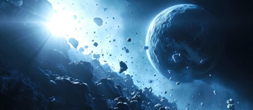 Pandora encircled by asteroid belt and destroyed planet debris. Blue protoplanet in vast universe. 3d visualization.