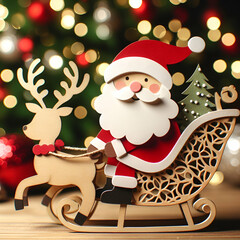 Modern Santa Claus Flying in a Colorful Red Sleigh with Reindeer 3D Papercut Paper Craft Art Cutout Design with Bokeh Red, Gold, & White Snow Filled Christmas Tree Lights Background. Winter Landscape.