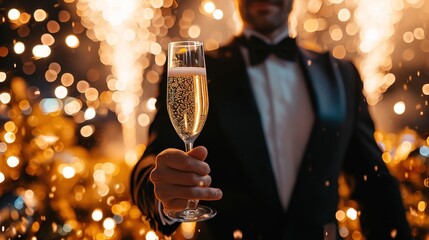 a man in tuxedo holding a champagne glass with fireworks around him, in the style of joyful, 2025 new year celebration, generative ai - obrazy, fototapety, plakaty