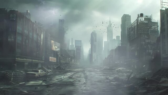 the atmosphere of a dead city after a disaster and war 4k loop animation background