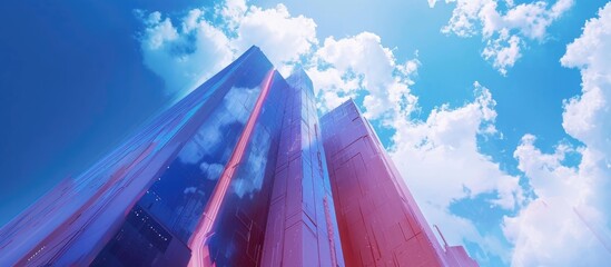 Cityscape featuring a tall, earthquake-resistant skyscraper with insulated walls, set against a blue sky with clouds. - obrazy, fototapety, plakaty