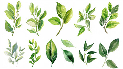 Collection of green watercolor foliage plants clipart on white background. Botanical spring summer leaves illustration. Suitable for wedding invitations, greeting cards, frames and bouquets.