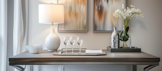 Home desk with white lamp, silver tray holding glass drink vases, and watercolor painting on brown wood. - obrazy, fototapety, plakaty
