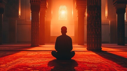 Muslim Man Praying in Mosque, Dua, Praying, Ramadan Kareem Concept, Islamic Background, generative ai