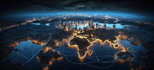 World circuit map is on a computer diagram at night with style of gold and azure. Generate AI image