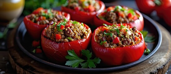 Meat and bulgur filled red peppers.