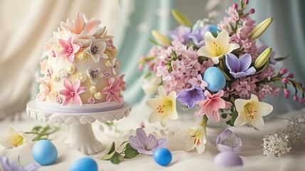  a close up of a cake on a table with flowers and eggs in the foreground and a vase of flowers in the background with eggs in the foreground.