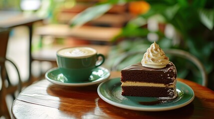  a piece of cake on a plate next to a cup of coffee on a table with a green saucer and a green plate with a piece of cake on it.